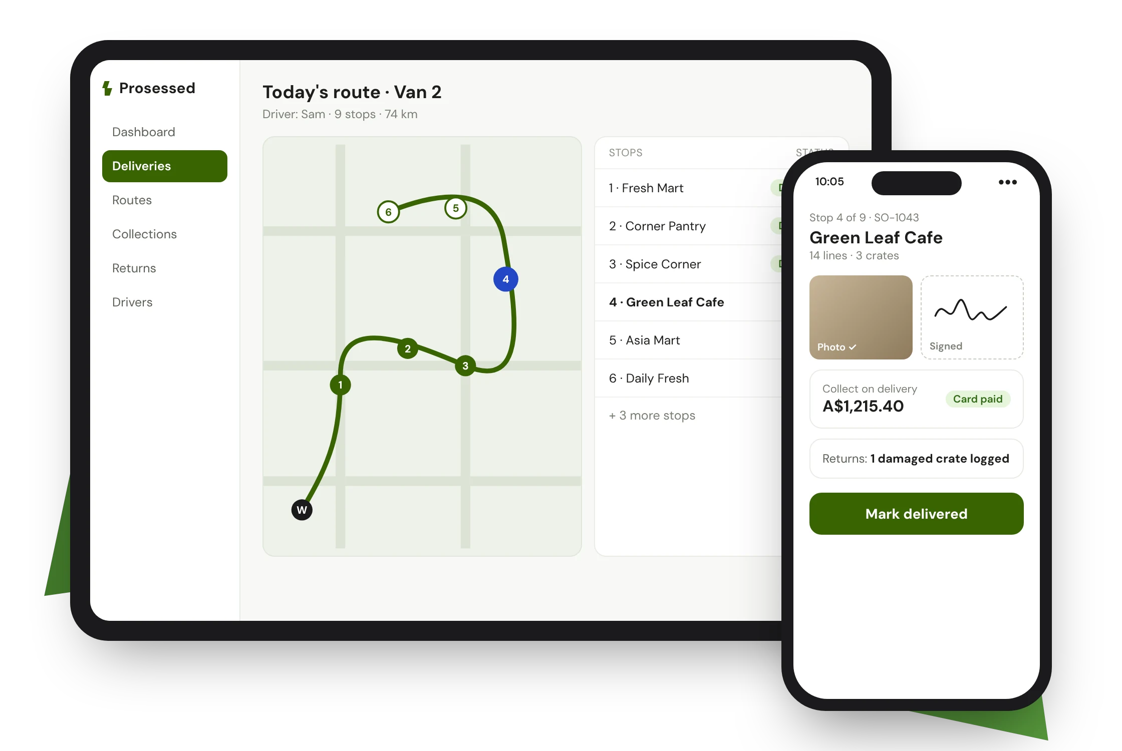 Driver App delivery route on a tablet and proof of delivery on a phone