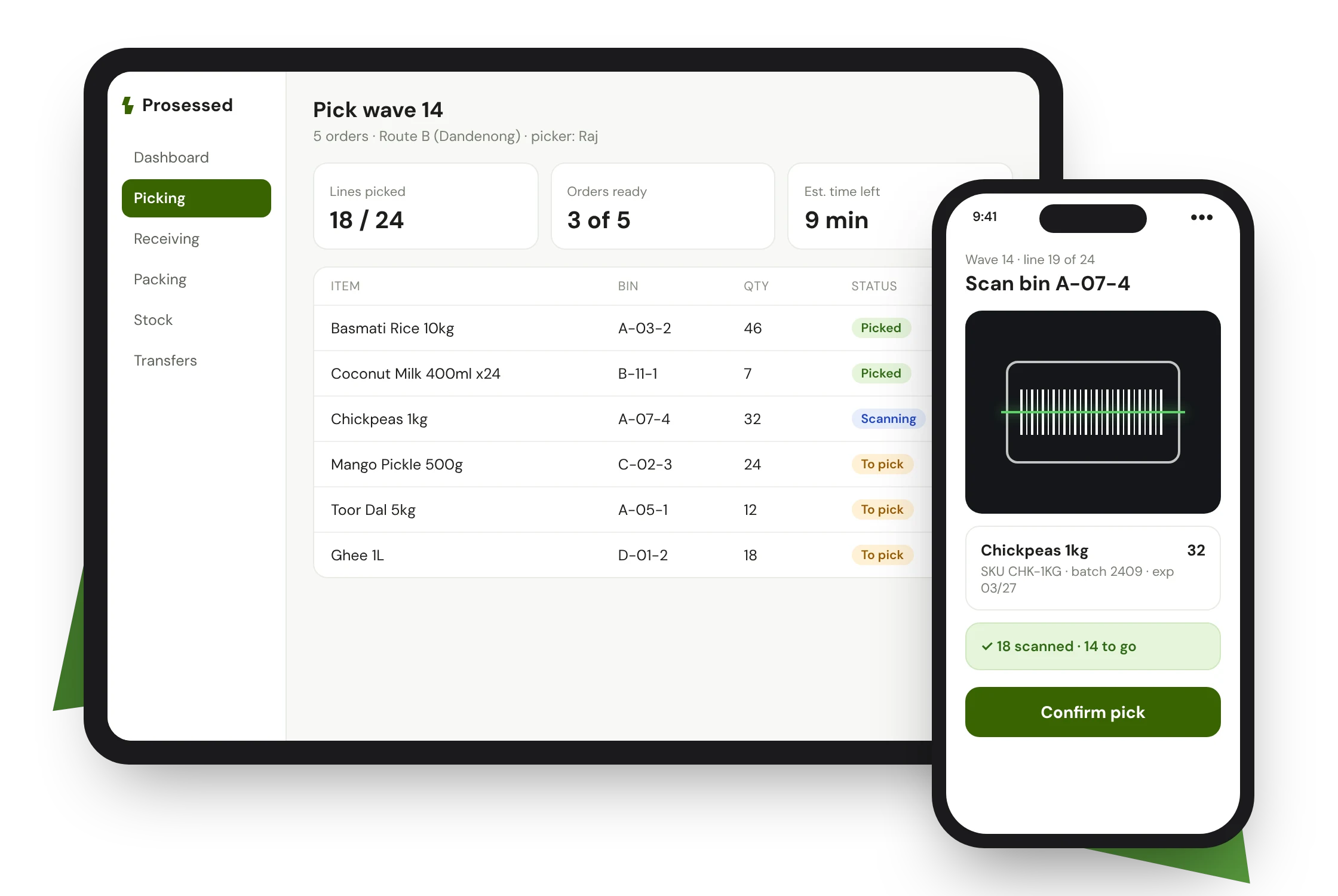 Warehouse App pick wave on a tablet and barcode scanning on a phone